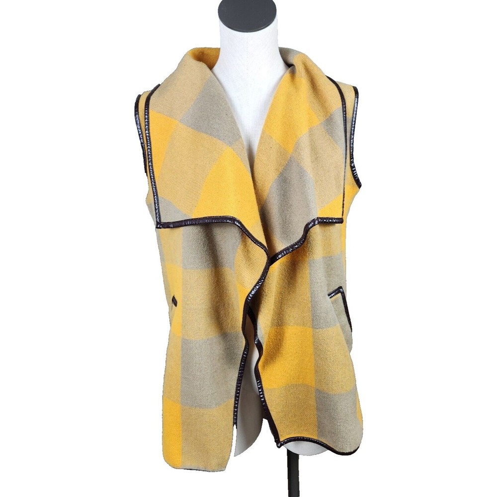 Yellow and Gray Plaid Open Front Cardigan Vest One Size